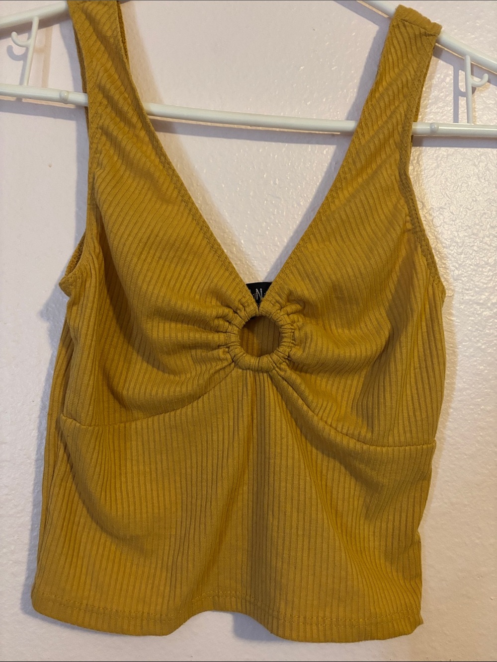 Woman’s Gold Yellow Ring-Front Cropped Tank, Top Size S